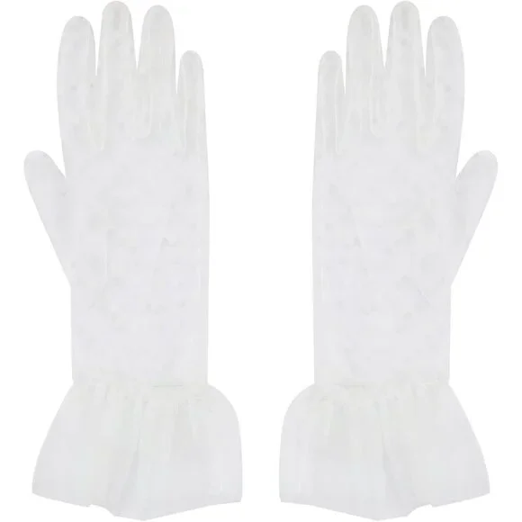 Women's Lvory 07 Floral Short Length Lace Tulle Mesh Wrist Wedding Party Gloves - Picture 4 of 7